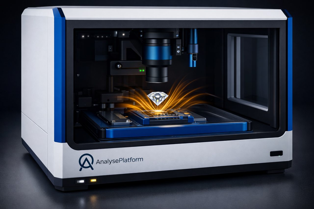 Industrial-design rendering of the compact benchtop characterization system for spin defects and spin qubits — a working prototype exists in this form factor