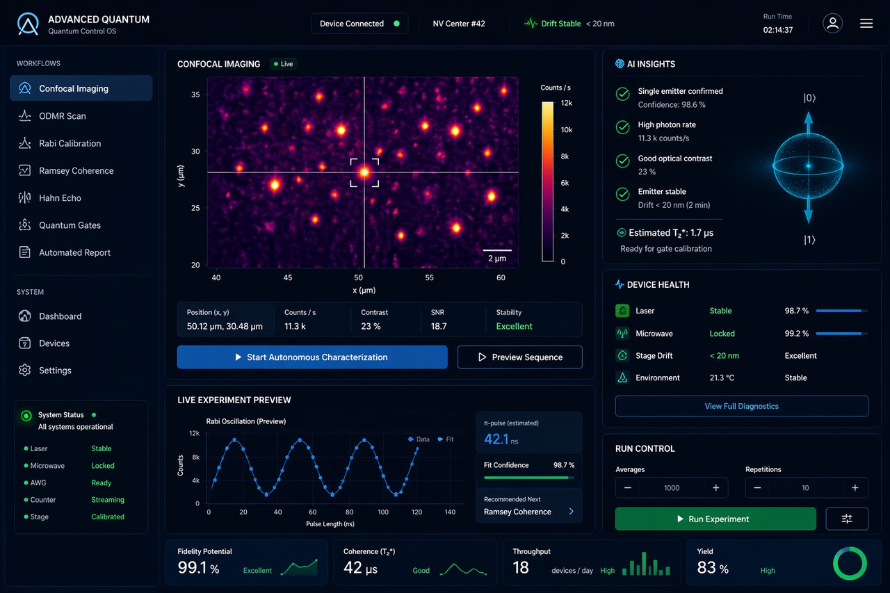 Product UI direction — automated-insights view: live Ramsey coherence fit, defect-quality signals (T2*, contrast, drift), and device health panel